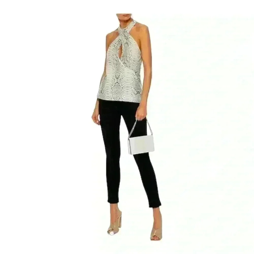 Haute Hippie NWT White Grey Snake Print Cross Neck Halter Tank Top M